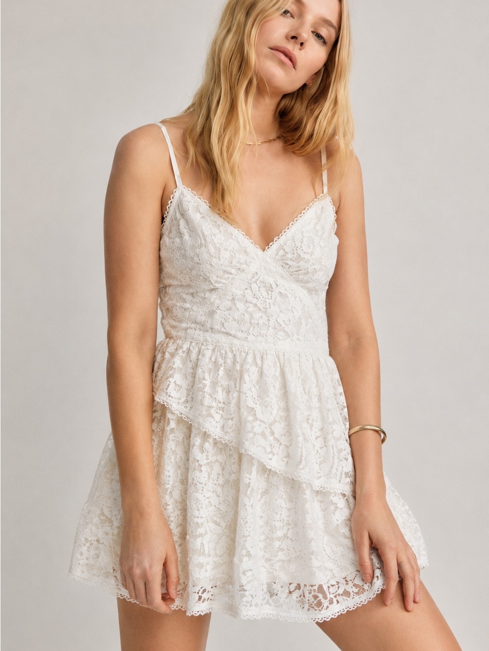 LOVESHACKFANCY - HOPELY DRESS White Lace V-Neck Tiered Mini Dress